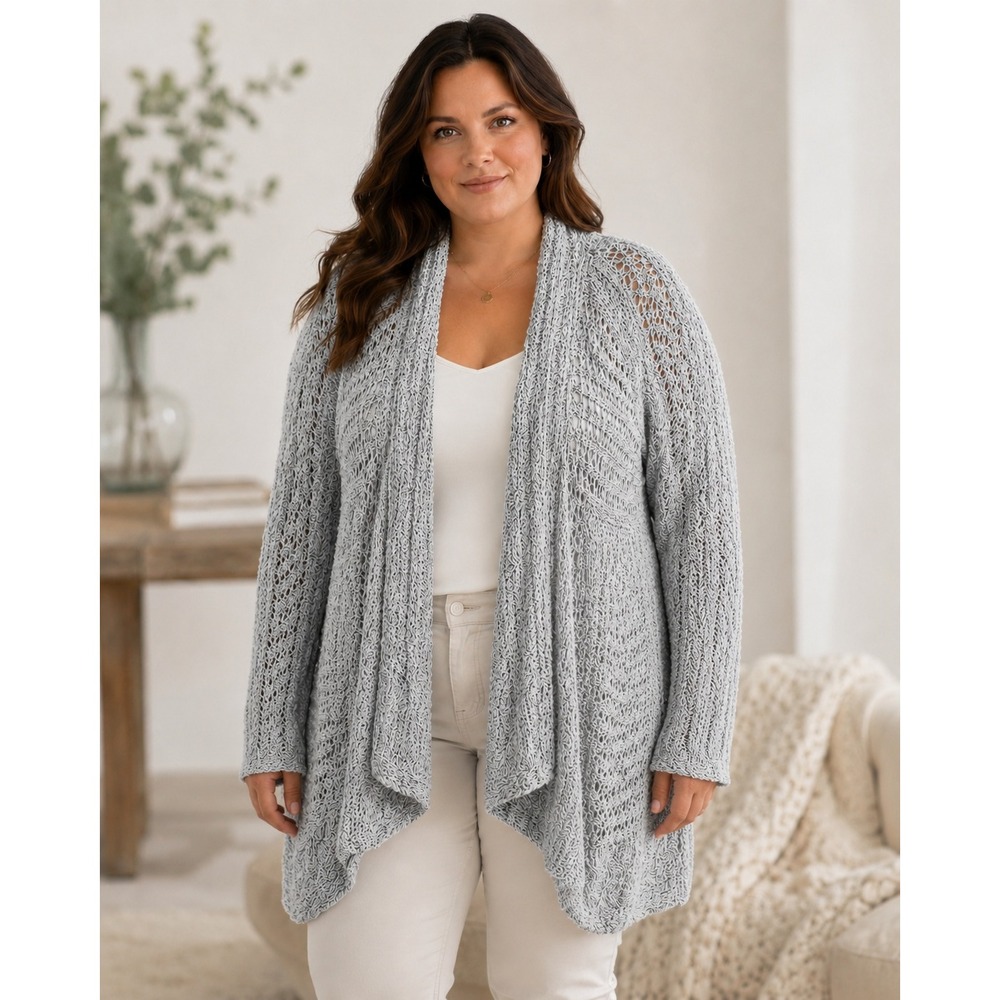 Pure Jill Pointelle Knit Open Front Cardigan Coastal Drape 3X Elevated Basic